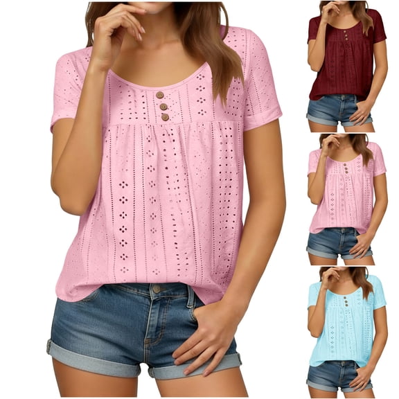 FNFYFH Womens Summer Tops Short Sleeve Buttons Up Henley Shirts Pleated Tunic Top Trendy Short Sleeve Eyelet Blouses