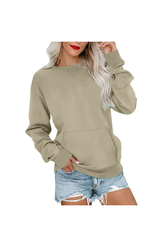 Womens Sweatshirt Solid Color Crewneck Sweatshirts Long Sleeve Pullover Tops with Kangaroo Pocket Y2K Clothes