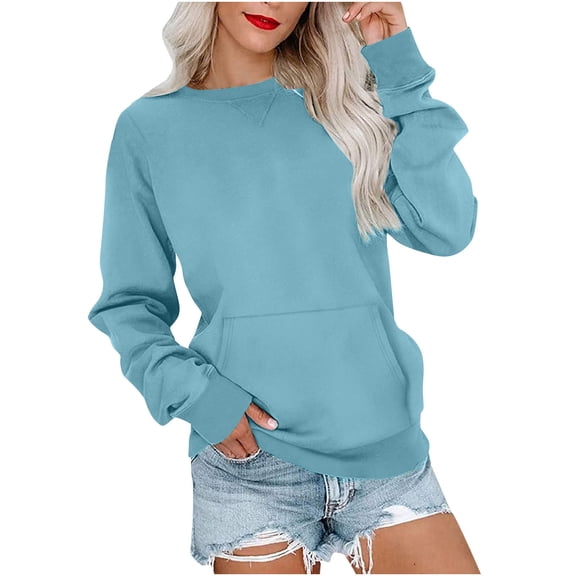FNFYFH Womens Sweatshirt Solid Color Crewneck Sweatshirts Long Sleeve Pullover Tops with Kangaroo Pocket Y2K Clothes