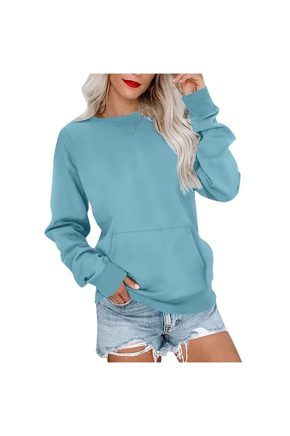 Womens Sweatshirt Solid Color Crewneck Sweatshirts Long Sleeve Pullover Tops with Kangaroo Pocket Y2K Clothes
