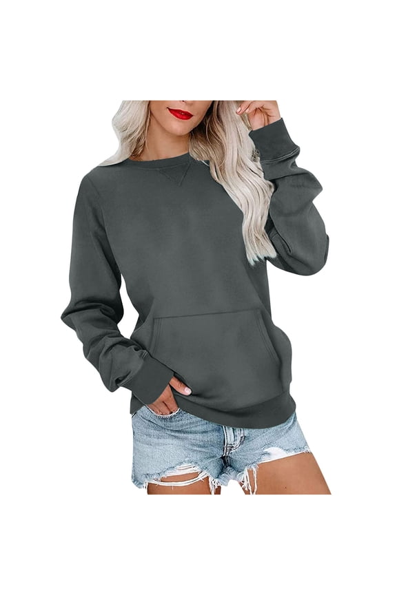 Womens Sweatshirt Solid Color Crewneck Sweatshirts Long Sleeve Pullover Tops with Kangaroo Pocket Y2K Clothes