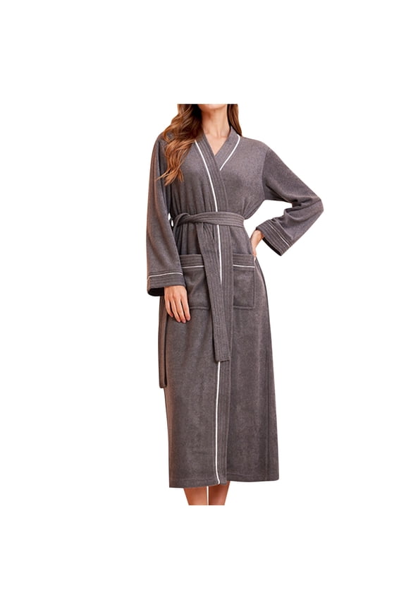 Womens Towel Robe Full Long V Neck Soft Terry Bathrobe Super Absorbent Robes Cozy Fleece Spa Bath Robe with Pockets and Belt