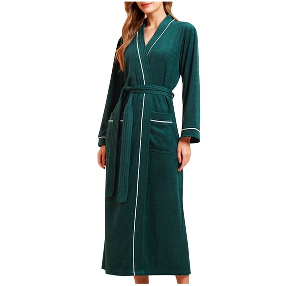 FNFYFH Womens Towel Robe Full Long V Neck Soft Terry Bathrobe Super Absorbent Robes Cozy Fleece Spa Bath Robe with Pockets and Belt