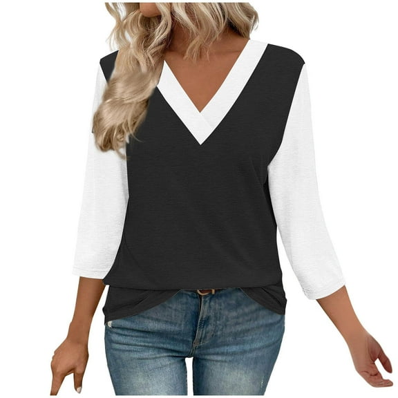 FNFYFH Womens V Neck 3/4 Sleeve Tops Color Block Tunic Top Summer Casual T Shirt