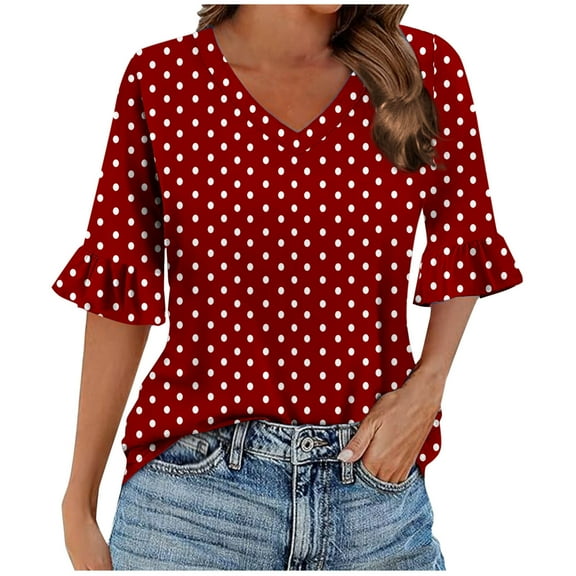 FNFYFH Womens V Neck Blouse 3/4 Ruffle Sleeve Tunic Tops Summer Graphic Tees Dressy Casual Business Work Blouses