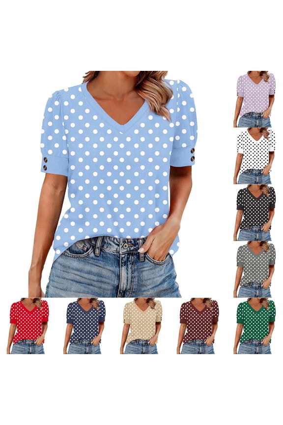 FNFYFH Womens V Neck Blouse Short Sleeve Polka Dot Cute Top Dressy Casual Tunics Shirt