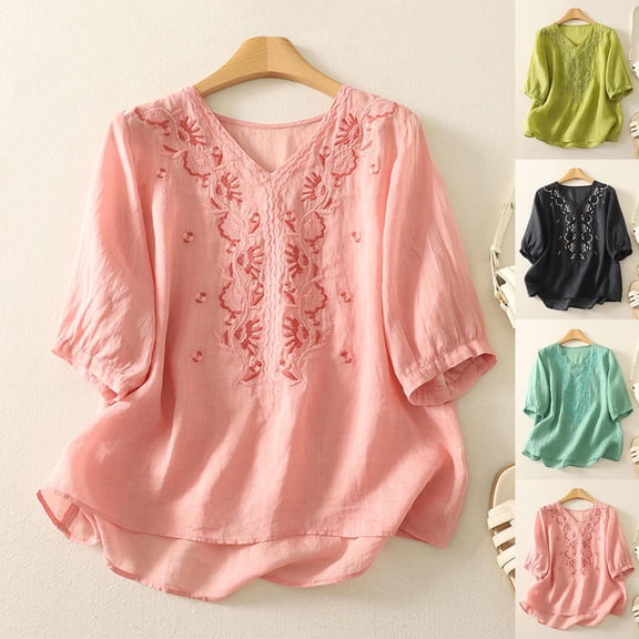 FNFYFH Womens V Neck Embroidered Boho Tops 3/4 Sleeve Peasant Blouse Lightweight Summer Vacation Shirt