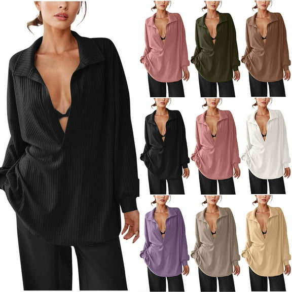 FNFYFH Womens V Neck Shirts Oversized Boyfriend Tops Long Sleeve Knit Collared Shirt Trendy Loose Fit Bussiness Blouse Tops
