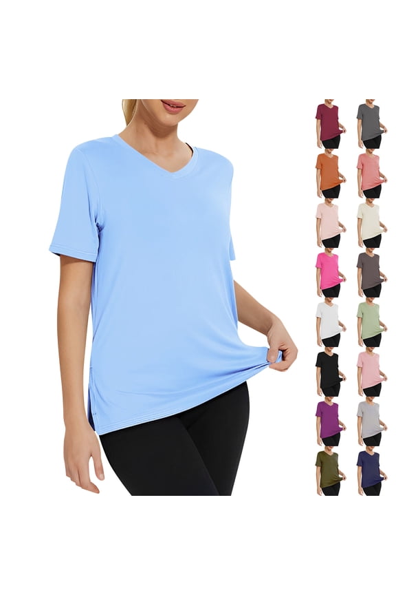 FNFYFH Womens V Neck T-Shirts Short Sleeve Plain Basic Tees Soft Side Split Workout Tops
