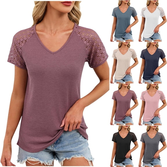 FNFYFH Womens V Neck Waffle Shirts Dressy Lace Short Sleeve Basic Tee Tunic Tops Blouse Summer Casual T-Shirts Going Out Outfits