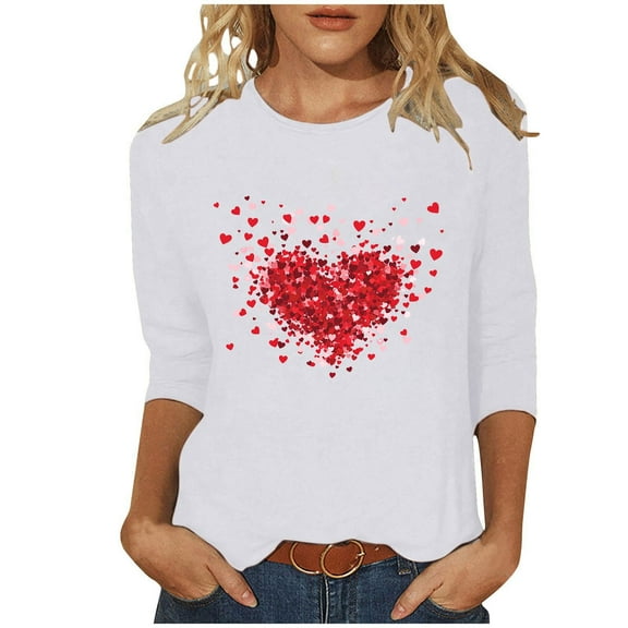 FNFYFH Womens Valentines Shirts 3/4 Sleeve Heart Prints Tops Round Neck Blouse Shirts Graphic Tees