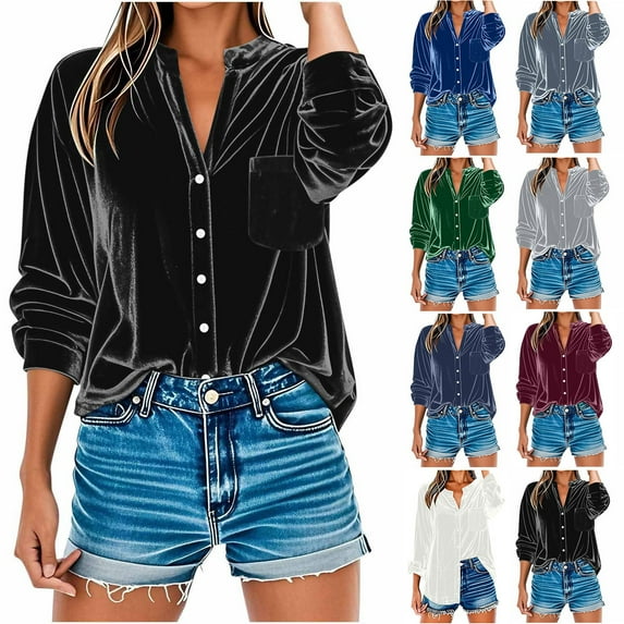 FNFYFH Womens Velevet Shirt Plus Size Button Down Shirt V Neck Long Sleeve Blouse Tops Elegant Office Work Blouses with Pocket