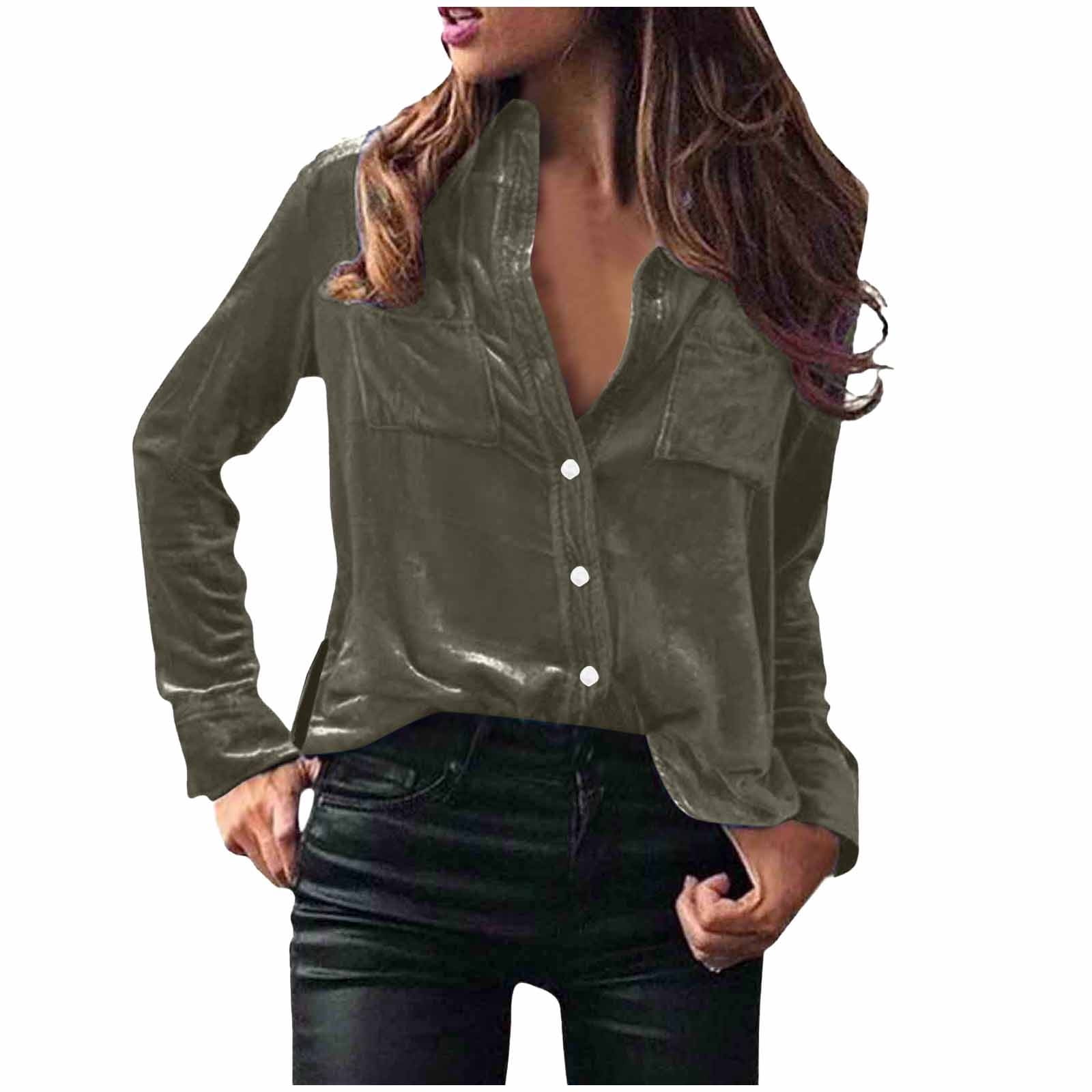 FNFYFH Womens Velvet Button Down Shirts Long Sleeve Work Shirt Side ...