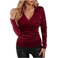 thumbnail image 1 of FNFYFH Womens Velvet Sequin Shirt Slim Fit Deep V Neck Long Sleeve Tops Front Wrap Ruched T-Shirts, 1 of 8