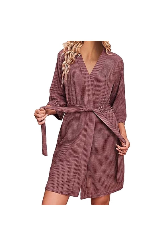 Womens Waffle Knit Robe Lightweight Soft Kimono Robes Mid Length 3/4 Sleeve Nightshirt Spa Bathrobe with Belt