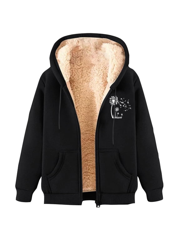Womens Warm Fuzzy Zip Up Hoodies Faux Fur Fleece Winter Coats Sherpa Jacket with Pockets Long Sleeve Printing Winter Coat with Pockets