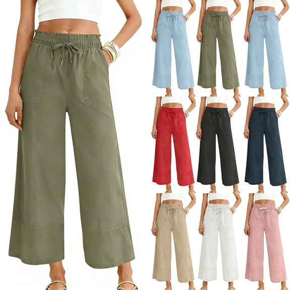 FNFYFH Womens Wide Leg Ankle Pants Drawstring Elastic Waist Cotton Pants Casual Comfort Lounge Pants with Pockets