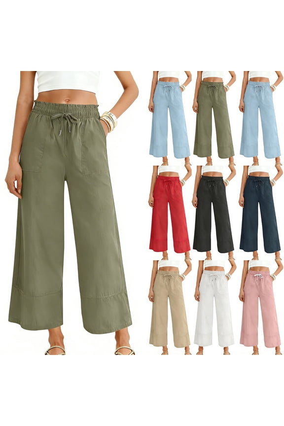 Womens Wide Leg Ankle Pants Drawstring Elastic Waist Cotton Pants Casual Comfort Lounge Pants with Pockets