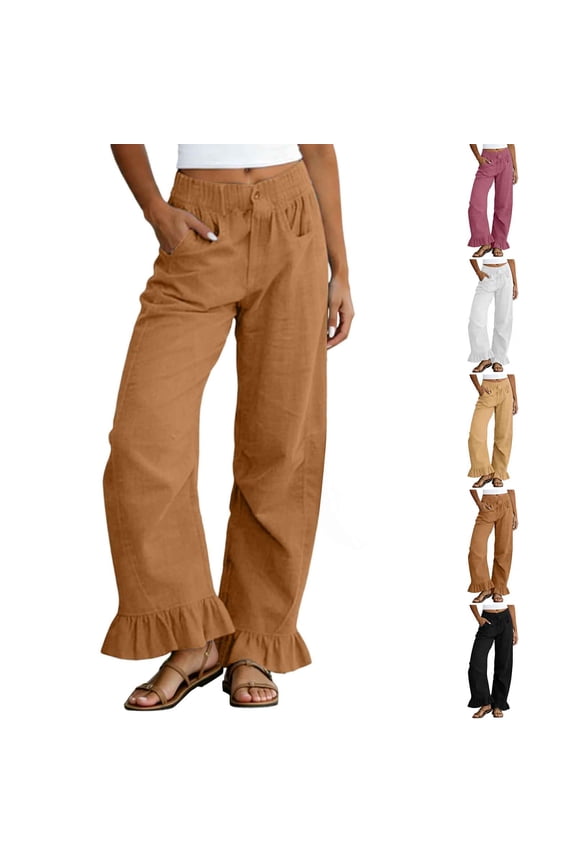 Womens Wide Leg Pants Cute Ruffle Hem Barrel Pants Elastic High Waisted Linen Pants with Pockets