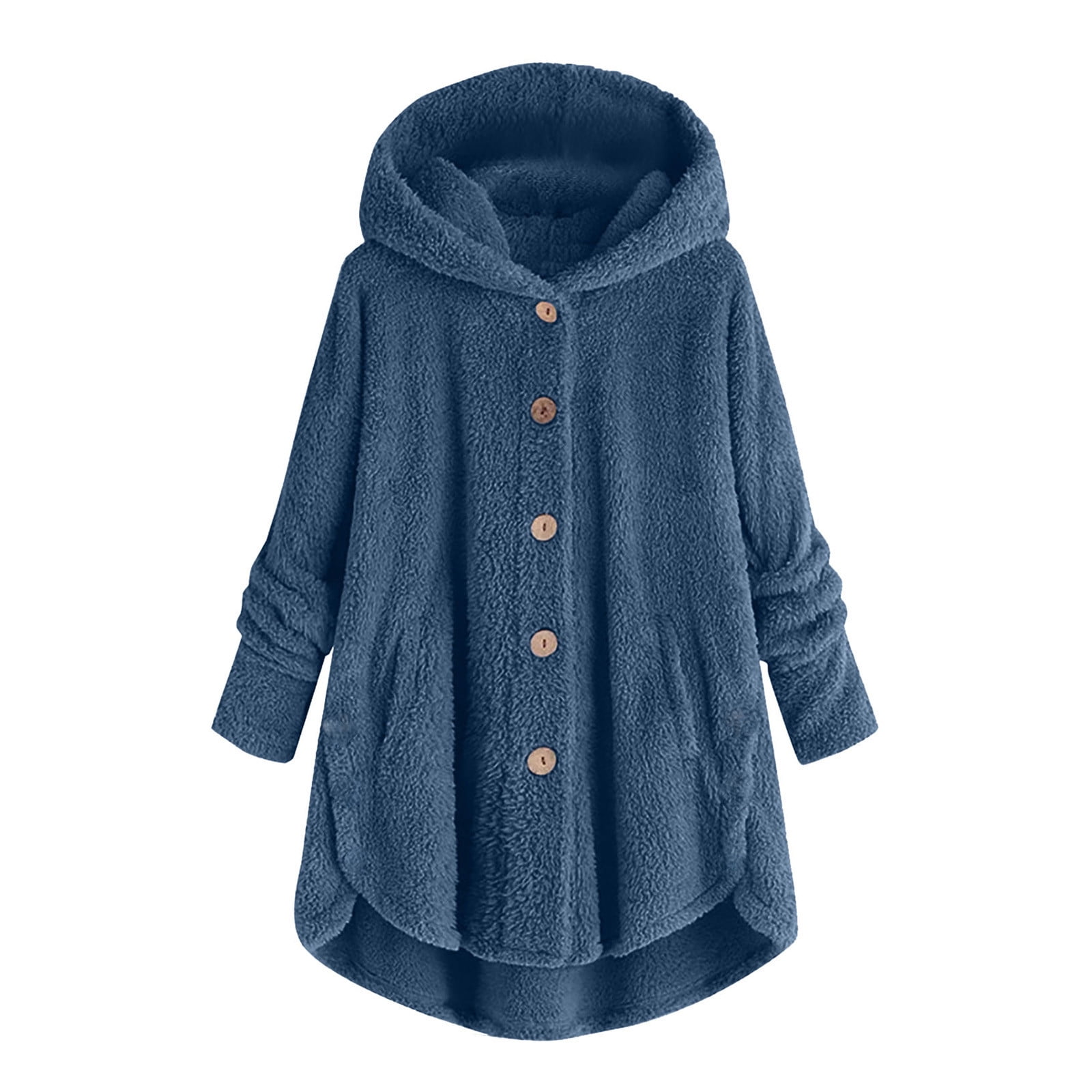 FNFYFH Womens Winter Fleece Coats Fluffy Button Long Sleeve Hoodies Jackets 2025 Warm Teddy Bear Outerwear Plus Size Hooded Coats for Women Blue S-5XL