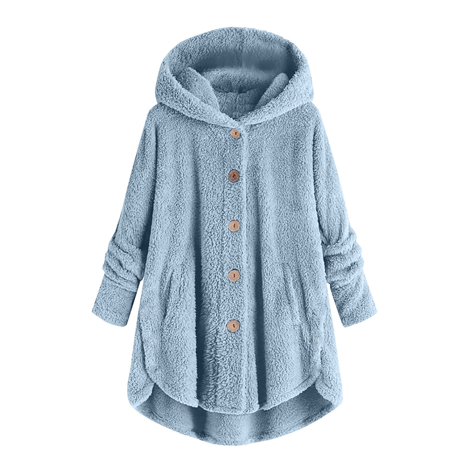 FNFYFH Womens Winter Fleece Coats Fluffy Button Long Sleeve Hoodies Jackets 2025 Warm Teddy Bear Outerwear Plus Size Hooded Coats for Women Blue S-5XL