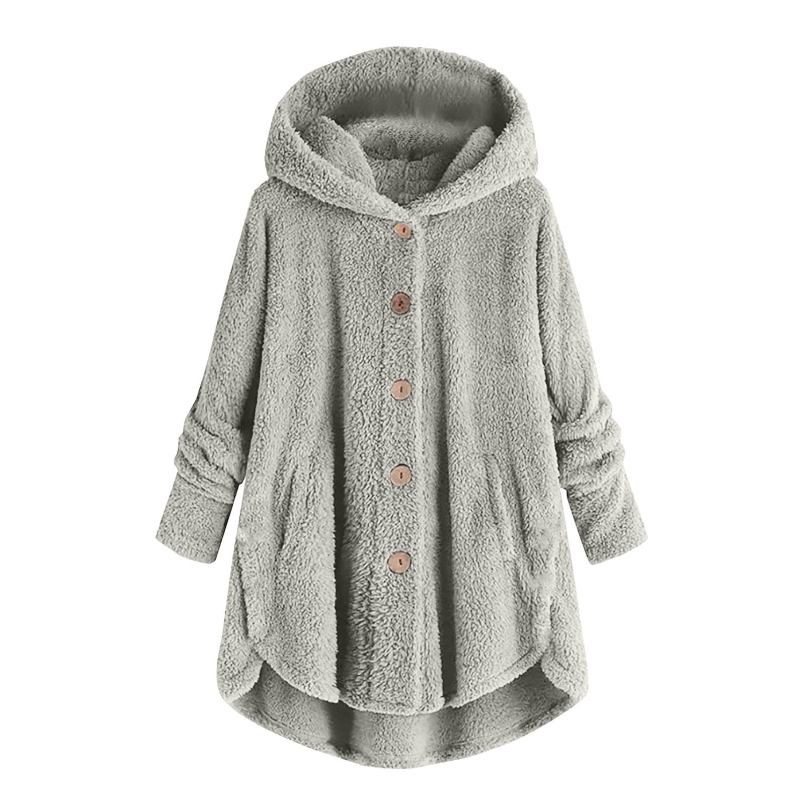 FNFYFH Womens Winter Fleece Coats Fluffy Button Long Sleeve Hoodies Jackets 2025 Warm Teddy Bear Outerwear Plus Size Hooded Coats for Women Blue S-5XL