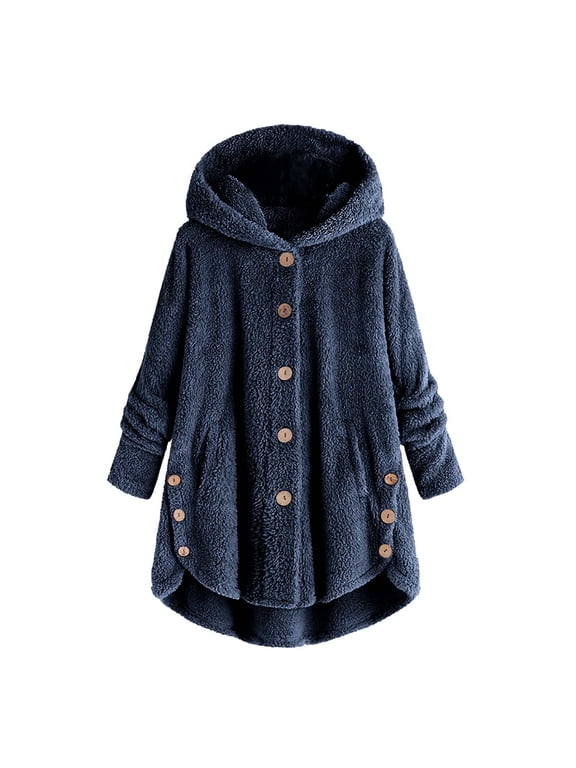 Womens Winter Fleece Coats Fluffy Button Long Sleeve Hoodies Jackets 2025 Warm Teddy Bear Outerwear Plus Size Hooded Coats for Women Blue S-5XL