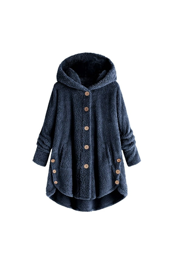 Womens Winter Fleece Coats Fluffy Button Long Sleeve Hoodies Jackets 2025 Warm Teddy Bear Outerwear Plus Size Hooded Coats for Women Blue S-5XL