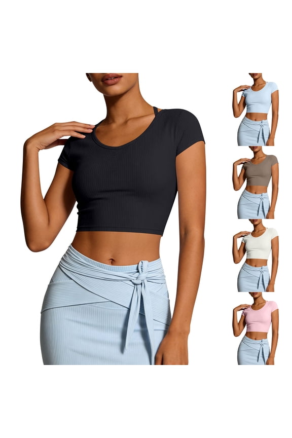 Womens Workout Shirt Stretch Short Sleeve Ribbed Yoga Crop Tops Strappy Cross Back Runched Athletic Shirts