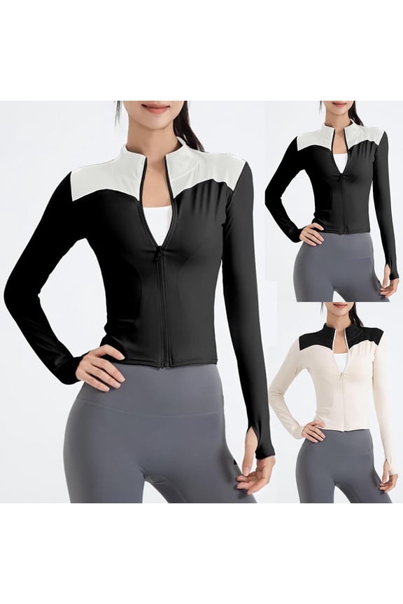 Womens Zip Up Yoga Jacket Color Block Long Sleeve Workout Shirts Crop Athletic Running Jackets with Thumb Holes
