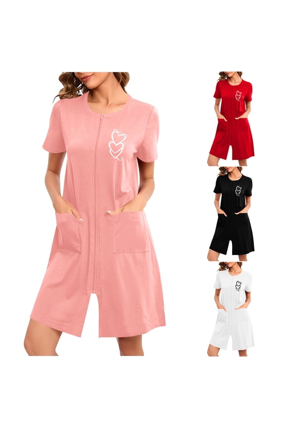 Womens Zipper Robe Lightweight Knee Length Bathrobe Short Sleeve Zip Front Housecoats with Pockets