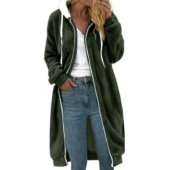FNFYFH Womens long Sherpa Jacket Fuzzy Zip Up Hoodies Oversized Fleece Jackets Soft Fluffy Coat Long Sleeve Drawstring Winter Coat with Pockets