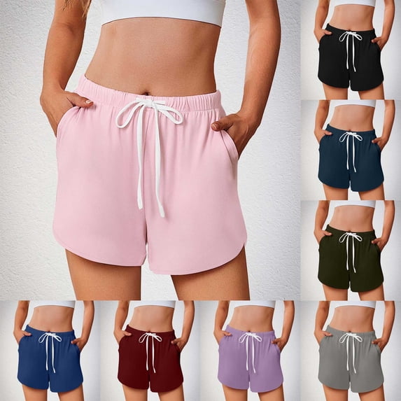 FNFYFH Workout Shorts for Women with Pockets Drawstring Elastic Waisted Running Shorts Summer Causal Comfy Solid Color Athletic Pants 2025,Pink S-XXL