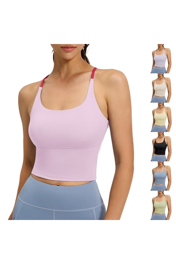 Workout Tank Tops for Women Backless Longline Sports Bras Spaghetti Straps Cross Back Padded Yoga Top