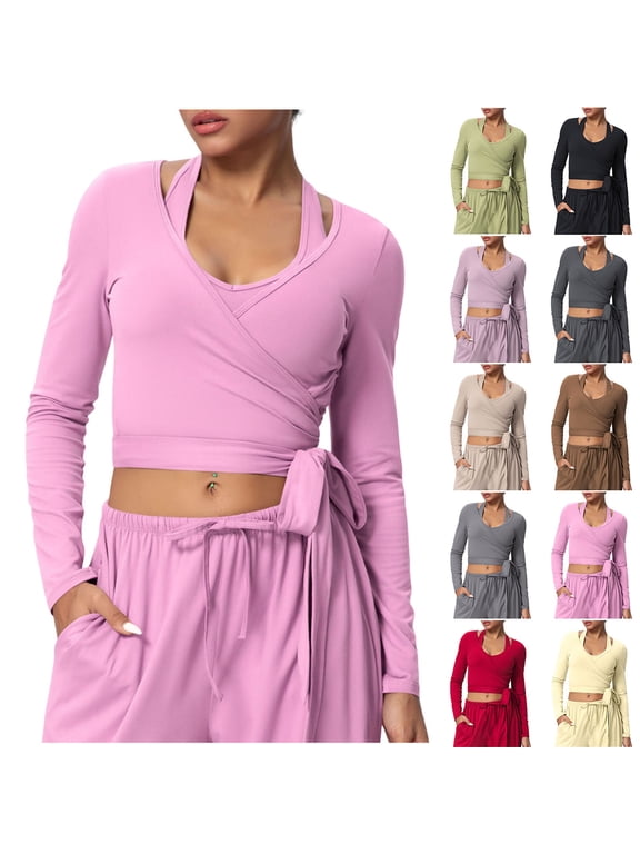 Wrap Tops for Women Workout Long Sleeve Yoga Top Self Tie Dance Ballet Pilates Shirt Y2k Athletic Gym Clothes