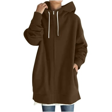 FNFYFH Zipper Fleece Hoodies for Women Drawstring Long Sleeve Hooded Coats 2025 Winter Workout Hoodie with Pockets Trendy Solid Outerwear Khaki XXL Clearance Deals Today