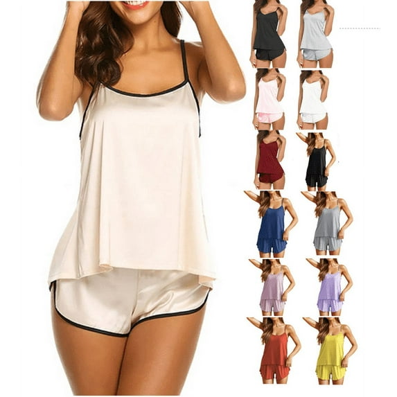 FNFYFH Sexy Satin Pajamas for Women, Tank Top sets for women, Silk Pajama Set with Shorts,2 Pieces Womens Sleepwear Loungewear White XXL Clearance Sales