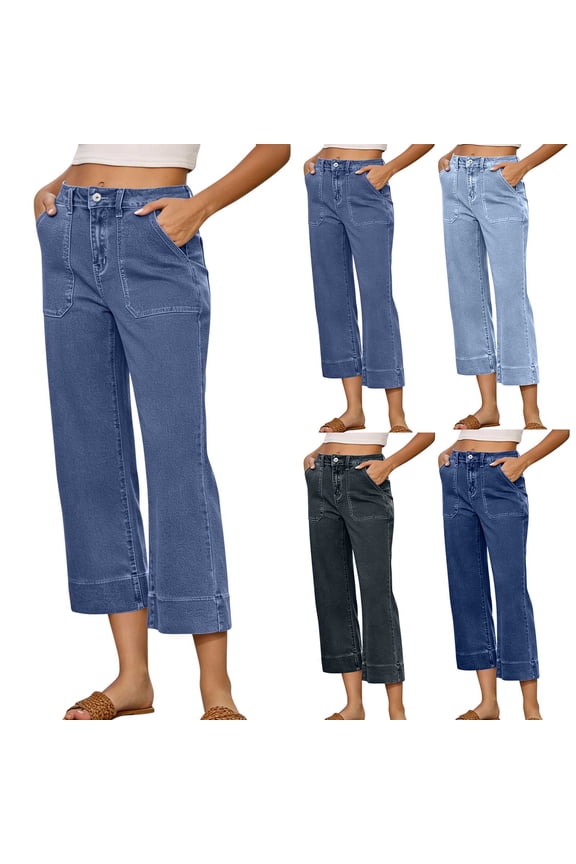 FNFYH Women's High Waisted Cropped Jeans Straight Ankle Length Wide Leg Jeans Stretchy Capri Denim Pants