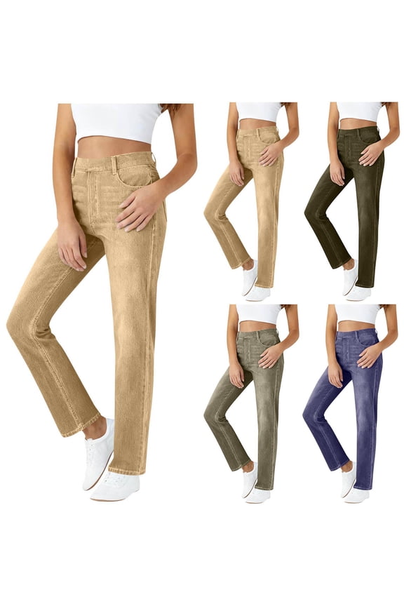 FNFYH Women's Straight Leg High Waisted Pull On Bootcut Jeans Slim Leg Faux Jean Pants Slim Fit Denim Pants with Pockets