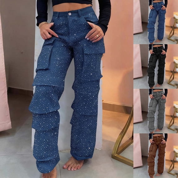 FNFYH Womens High Waisted Rhinestone Jeans Black Straight Chic Baggy Wide Leg Bling Denim Cargo Pants Loose Fit Sparkly Jean Pants with Pockets