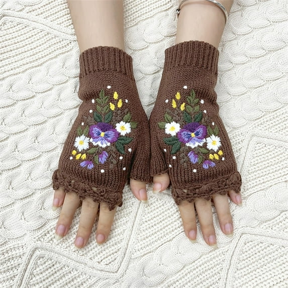 FNGZ 1 Glove, Brown Gloves Mittens, Women's Hand Embroidered Knitted Flower Fingerless Gloves One Size