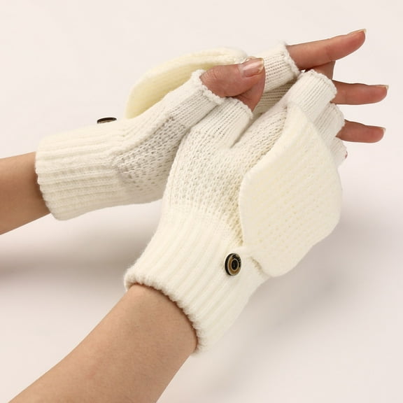 FNGZ 1 Pair of Gloves, White Gloves Mittens, Winter Knit Convertible Fingerless Gloves Wool Gloves Thermal Gloves Unisex