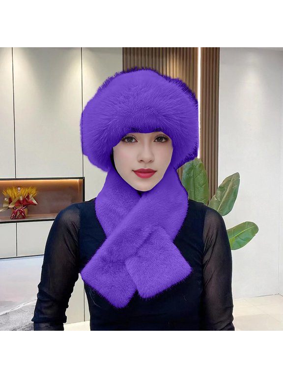 1 Pc Hat + 1 Pc Scarf, Purple Scarf ,Hat,& Gloves, 2 Pcs/Set Women Winter Hat Scarf Set Fuzzy Plush Thickened Windproof Heat Retention Neck Wrap Solid Color Dome Fisherman Hat