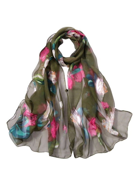 1 Scarf, Army Green Scarf, Fashion Women Roses Printing Long Soft Wrap Scarf Simulation Silk Shawl Scarves