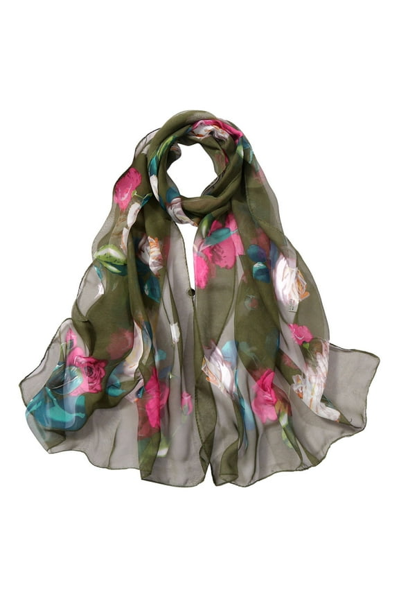 1 Scarf, Army Green Scarf, Fashion Women Roses Printing Long Soft Wrap Scarf Simulation Silk Shawl Scarves
