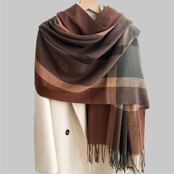 FNGZ 1* Scarf, Coffee Scarf, Ladies' Autumn And Winter Warm Fringed Plaid Scarves College Style Colorful Imitation Shawls Medium Length Scarves