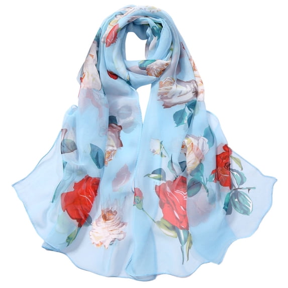 FNGZ 1 Scarf, Light Blue Scarf, Fashion Women Roses Printing Long Soft Wrap Scarf Simulation Silk Shawl Scarves
