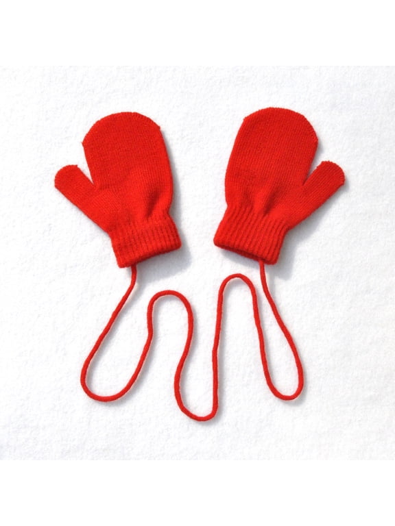 1Pair Gloves, Red Gloves Mittens, Children Winter Warm Solid Knitted Cute With String Gloves
