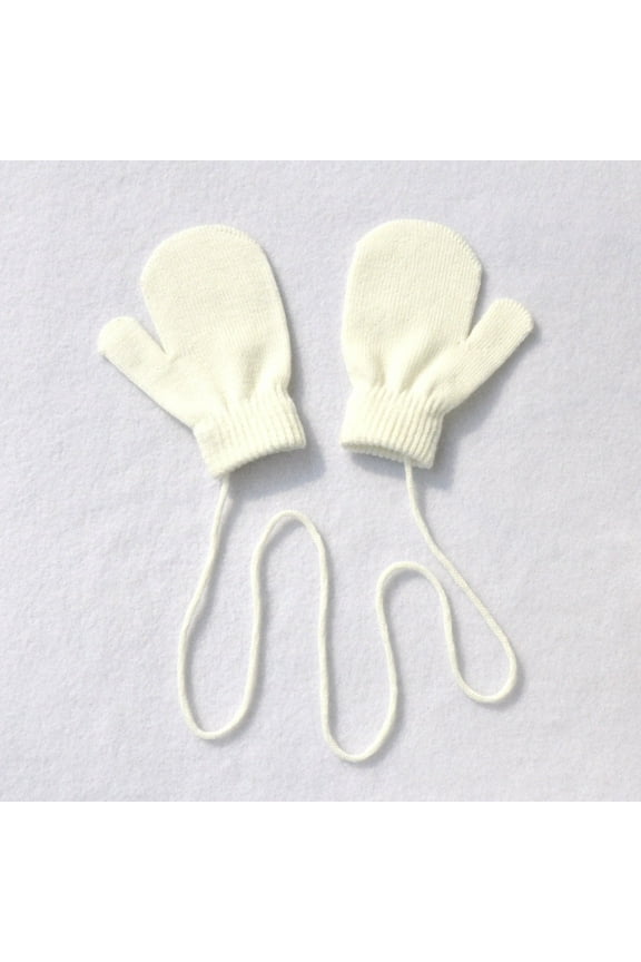 1Pair Gloves, White Gloves Mittens, Children Winter Warm Solid Knitted Cute With String Gloves