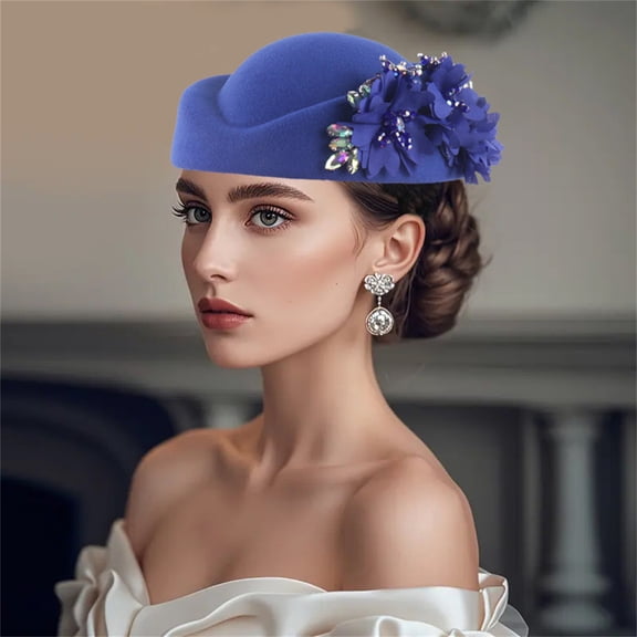 FNGZ 1Pc Hat, Blue Berets, Women Church Hats Flower Applique Pillbox Hats Fascinator Tea Caps